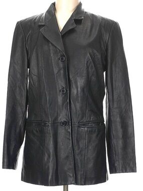 Preston & York Women’s Black Lined Leather Jacket Blazer Button Lined Sz Large